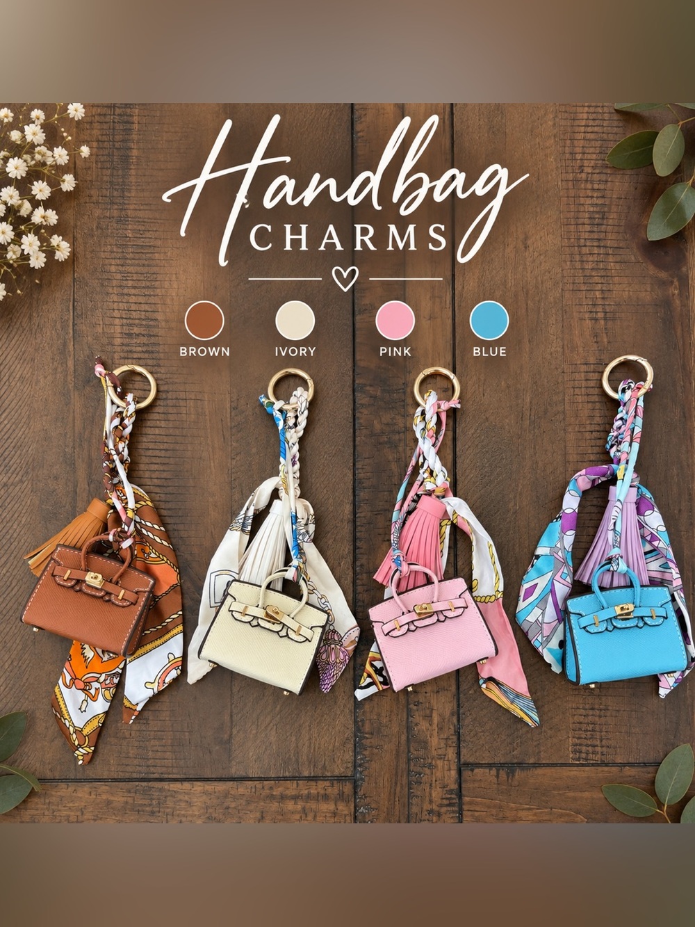 Mini Top Handle Handbag Charm Keychain with Scarf & Tassel โ Brown - Picture 6 of 6